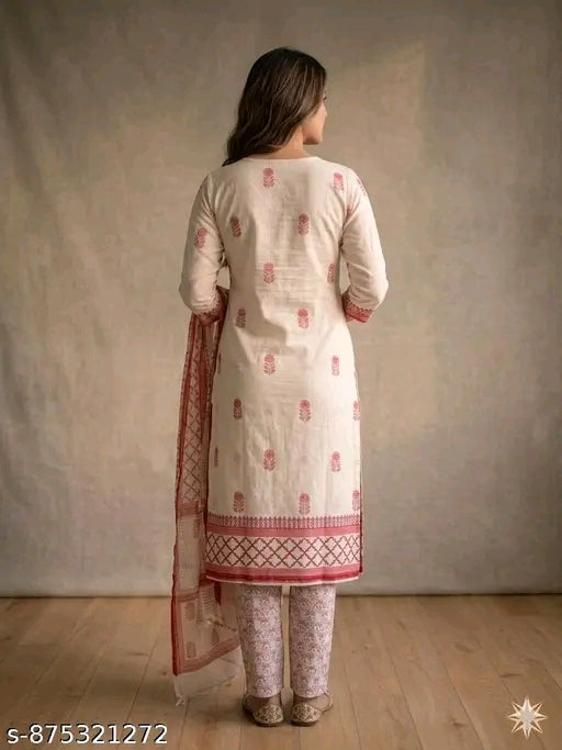 Handcrafted Blossom: Soft Pure Cotton Suit with Intricate Block Prints" (Softness aur beauty)